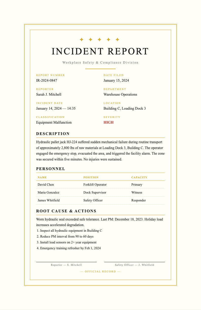 Certificate award incident report